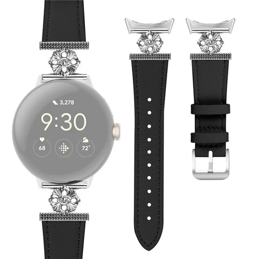 For Google Pixel Watch 2 Watch Band Genuine Cow Leather Flower Decor Adjustable Strap