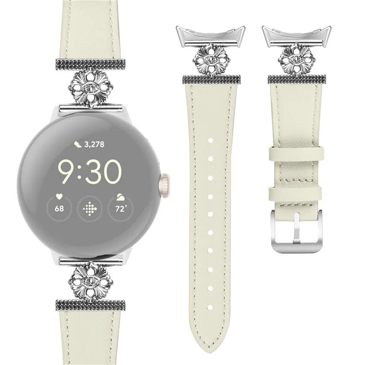 For Google Pixel Watch 2 Watch Band Genuine Cow Leather Flower Decor Adjustable Strap