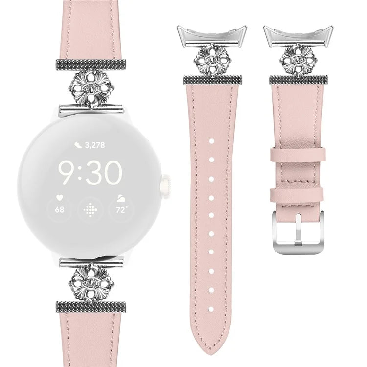For Google Pixel Watch 2 Watch Band Genuine Cow Leather Flower Decor Adjustable Strap