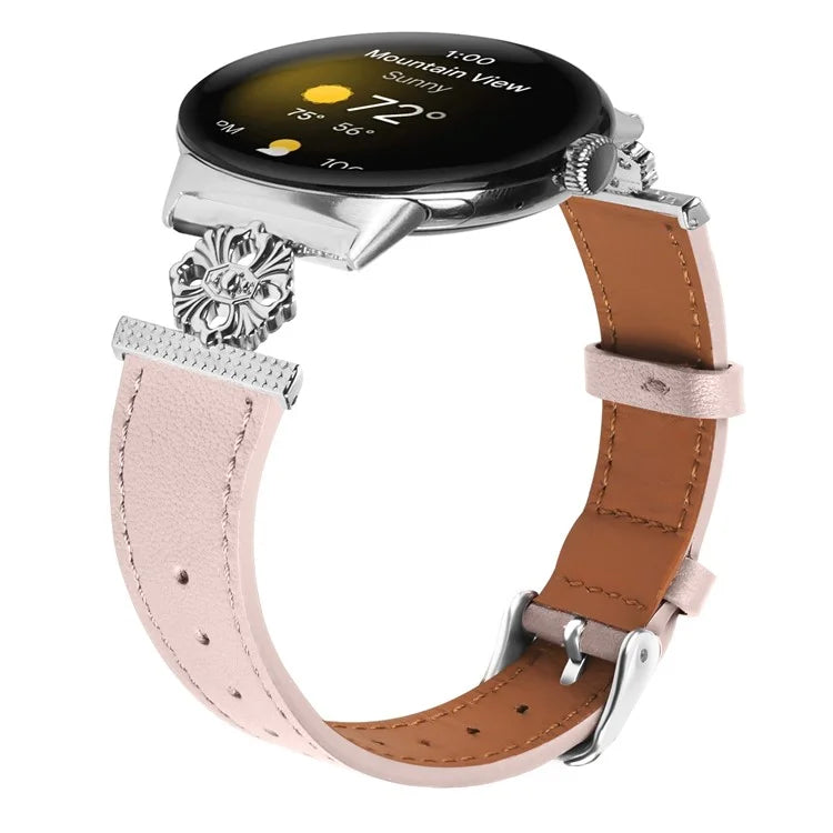 For Google Pixel Watch 2 Watch Band Genuine Cow Leather Flower Decor Adjustable Strap