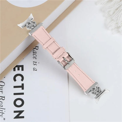For Google Pixel Watch 2 Watch Band Genuine Cow Leather Flower Decor Adjustable Strap