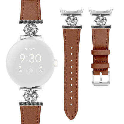 For Google Pixel Watch 2 Watch Band Genuine Cow Leather Flower Decor Adjustable Strap