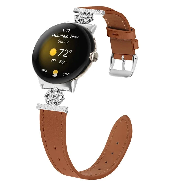 For Google Pixel Watch 2 Watch Band Genuine Cow Leather Flower Decor Adjustable Strap