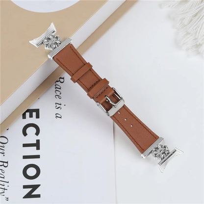 For Google Pixel Watch 2 Watch Band Genuine Cow Leather Flower Decor Adjustable Strap