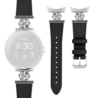 For Google Pixel Watch 3 41mm / Watch 2 / Pixel Watch Genuine Cow Leather Band Flower Decor Adjustable Strap