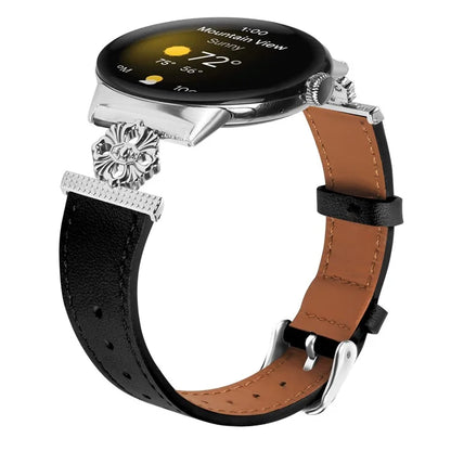 For Google Pixel Watch 3 41mm / Watch 2 / Pixel Watch Genuine Cow Leather Band Flower Decor Adjustable Strap
