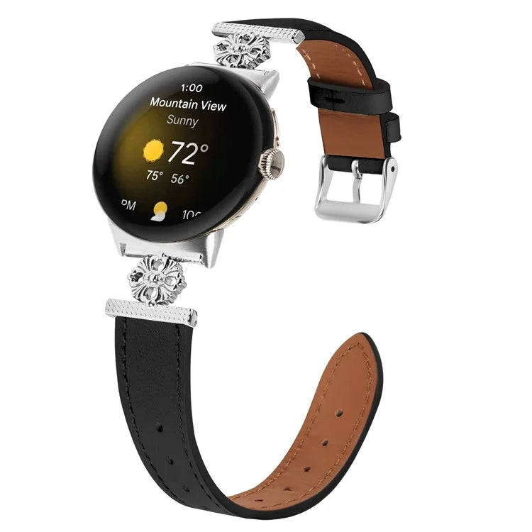 For Google Pixel Watch 3 41mm / Watch 2 / Pixel Watch Genuine Cow Leather Band Flower Decor Adjustable Strap