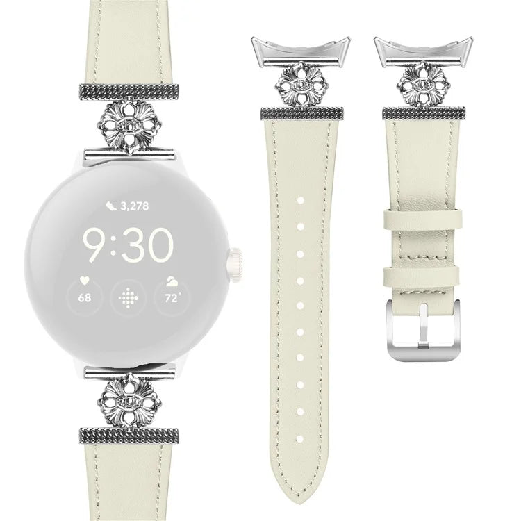 For Google Pixel Watch 3 41mm / Watch 2 / Pixel Watch Genuine Cow Leather Band Flower Decor Adjustable Strap