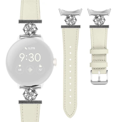 For Google Pixel Watch 3 41mm / Watch 2 / Pixel Watch Genuine Cow Leather Band Flower Decor Adjustable Strap