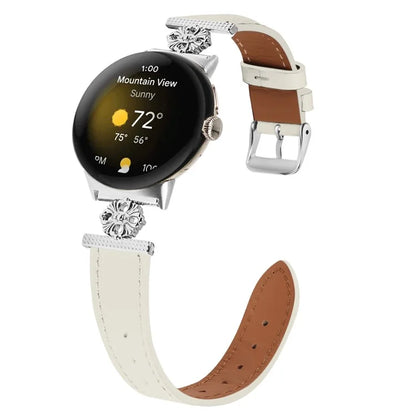 For Google Pixel Watch 3 41mm / Watch 2 / Pixel Watch Genuine Cow Leather Band Flower Decor Adjustable Strap