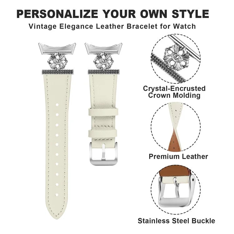 For Google Pixel Watch 3 41mm / Watch 2 / Pixel Watch Genuine Cow Leather Band Flower Decor Adjustable Strap