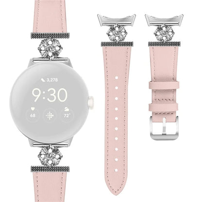For Google Pixel Watch 3 41mm / Watch 2 / Pixel Watch Genuine Cow Leather Band Flower Decor Adjustable Strap