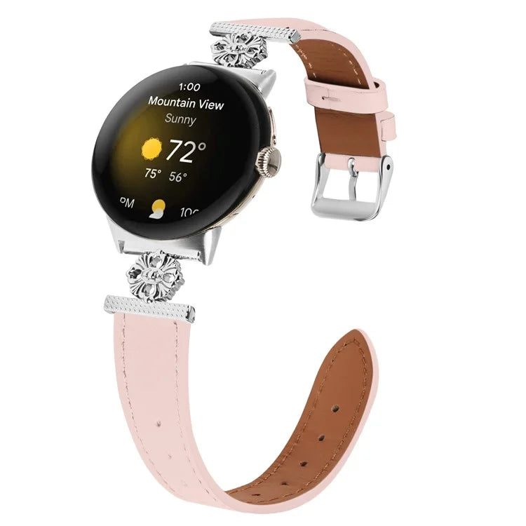 For Google Pixel Watch 3 41mm / Watch 2 / Pixel Watch Genuine Cow Leather Band Flower Decor Adjustable Strap