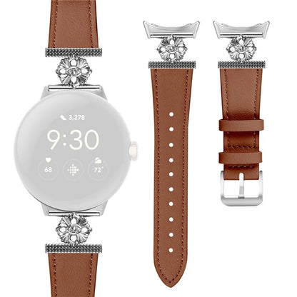 For Google Pixel Watch 3 41mm / Watch 2 / Pixel Watch Genuine Cow Leather Band Flower Decor Adjustable Strap