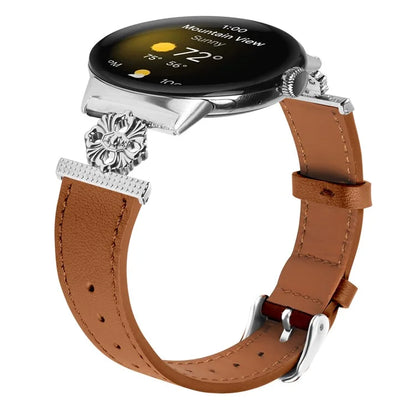 For Google Pixel Watch 3 41mm / Watch 2 / Pixel Watch Genuine Cow Leather Band Flower Decor Adjustable Strap