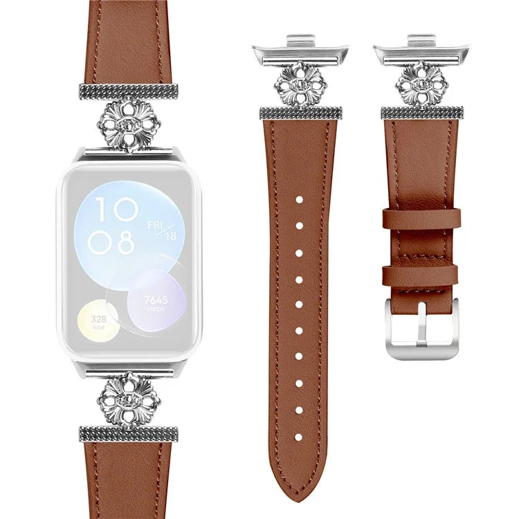 For Xiaomi Smart Band 8 Pro Watch Band Genuine Cow Leather Flower Decor Adjustable Strap