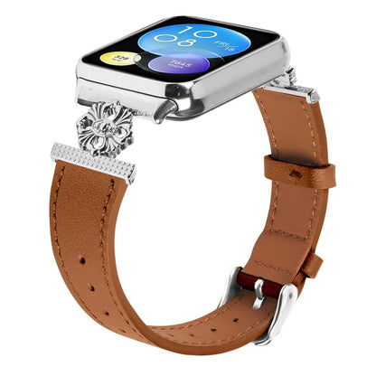 For Xiaomi Smart Band 8 Pro Watch Band Genuine Cow Leather Flower Decor Adjustable Strap