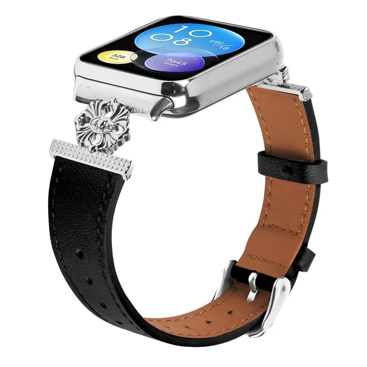 For Xiaomi Smart Band 8 Pro Watch Band Genuine Cow Leather Flower Decor Adjustable Strap