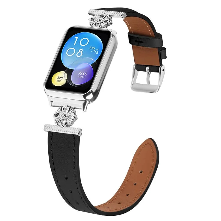 For Xiaomi Redmi Watch 4 Watch Band Genuine Cow Leather Flower Decor Adjustable Strap