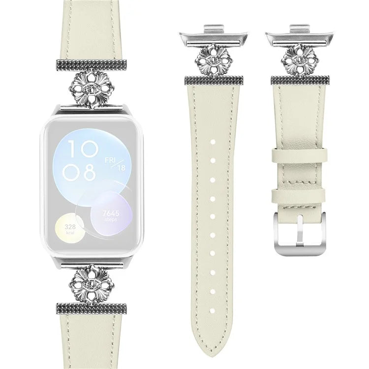 For Xiaomi Redmi Watch 4 Watch Band Genuine Cow Leather Flower Decor Adjustable Strap