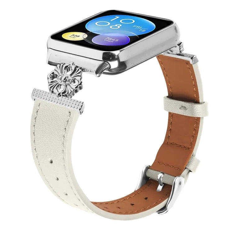 For Xiaomi Redmi Watch 4 Watch Band Genuine Cow Leather Flower Decor Adjustable Strap
