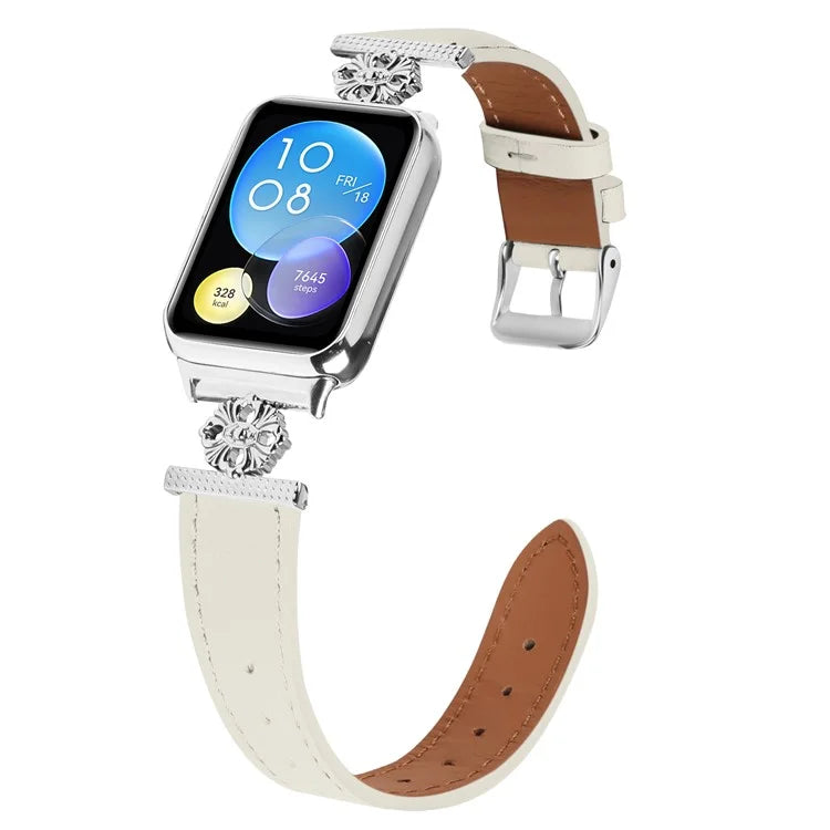 For Xiaomi Redmi Watch 4 Watch Band Genuine Cow Leather Flower Decor Adjustable Strap