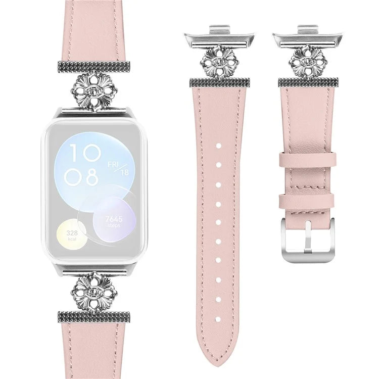 For Xiaomi Redmi Watch 4 Watch Band Genuine Cow Leather Flower Decor Adjustable Strap