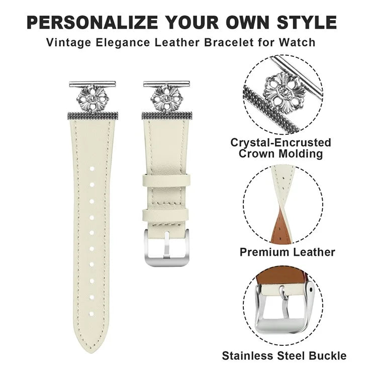 For TicWatch E Watch Band Genuine Cow Leather Flower Decor Adjustable Strap