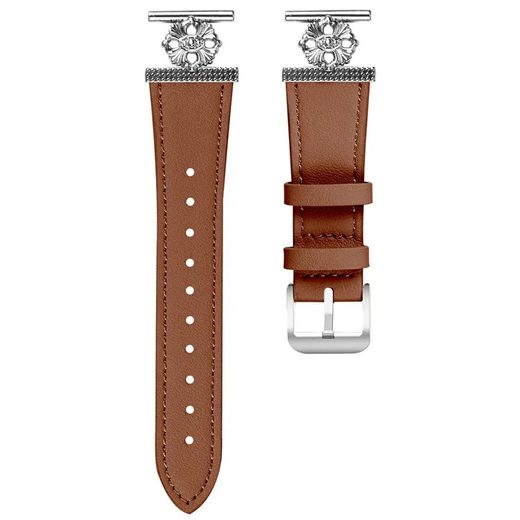 For Verizon Gizmo Watch 3 (Men Version) Watch Band Genuine Cow Leather Flower Decor Adjustable Strap