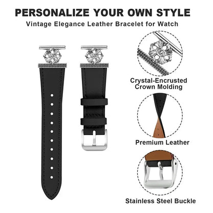 For Withings Steel (Men Version) Watch Band Genuine Cow Leather Flower Decor Adjustable Strap