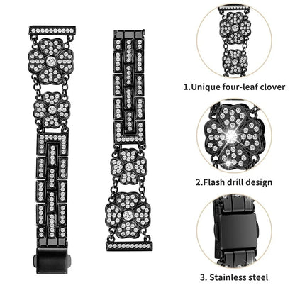 For Samsung Galaxy Watch7 44mm / 40mm Watch Band Four Leaf Clover Rhinestone Decor Smart Watch Strap