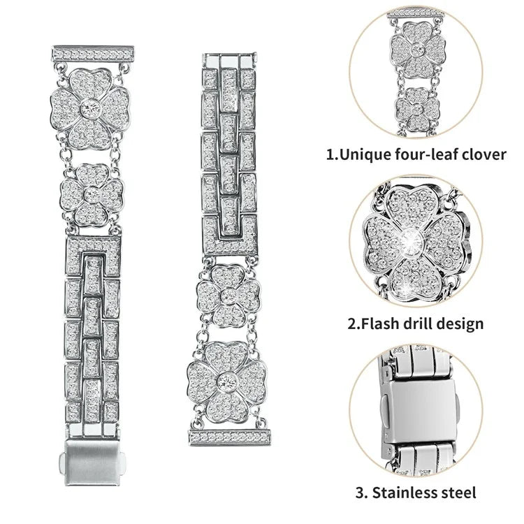 For Samsung Galaxy Watch7 44mm / 40mm Watch Band Four Leaf Clover Rhinestone Decor Smart Watch Strap