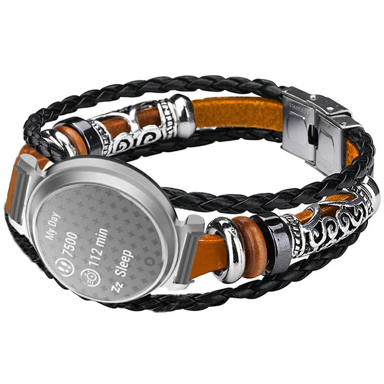 For Garmin Lily 2 Ethnic Band Bracelet Leather+Metal Wrist Strap
