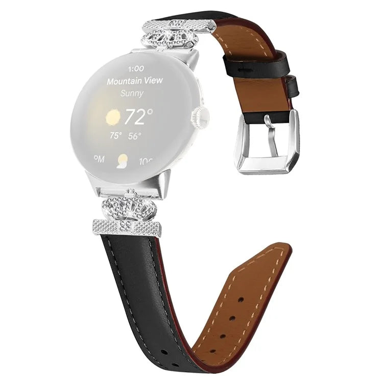 Silver Buckle Band for Google Pixel Watch / Pixel Watch 2 Crown Rhinestone Decor Genuine Cowhide Leather Wrist Strap