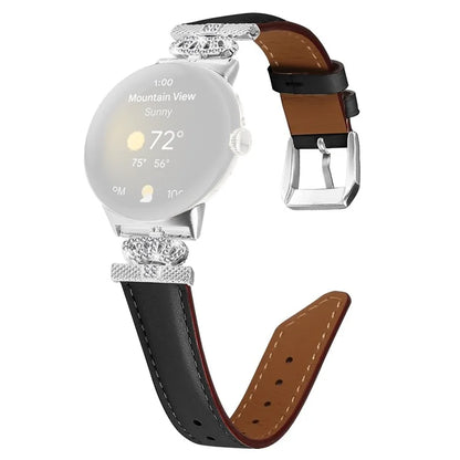 Silver Buckle Band for Google Pixel Watch / Pixel Watch 2 Crown Rhinestone Decor Genuine Cowhide Leather Wrist Strap