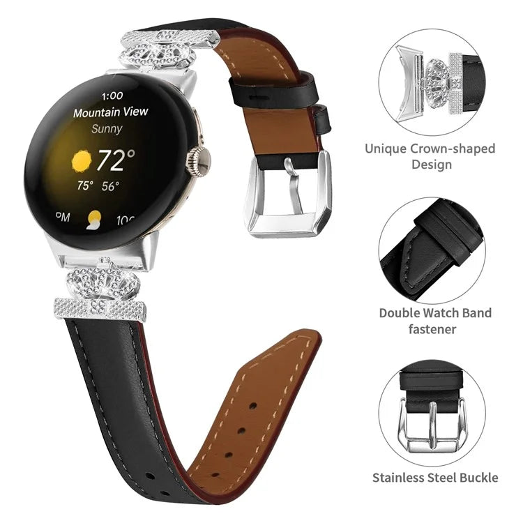 Silver Buckle Band for Google Pixel Watch / Pixel Watch 2 Crown Rhinestone Decor Genuine Cowhide Leather Wrist Strap