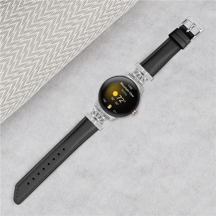 Silver Buckle Band for Google Pixel Watch / Pixel Watch 2 Crown Rhinestone Decor Genuine Cowhide Leather Wrist Strap