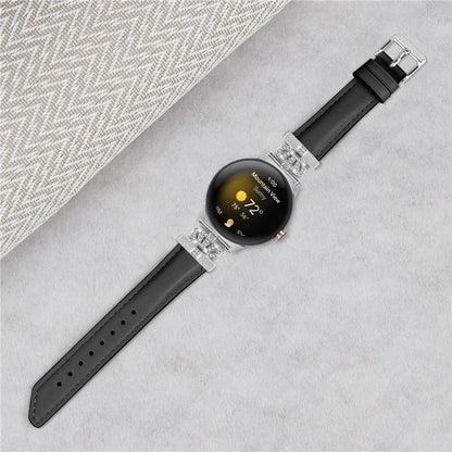 Silver Buckle Band for Google Pixel Watch / Pixel Watch 2 Crown Rhinestone Decor Genuine Cowhide Leather Wrist Strap