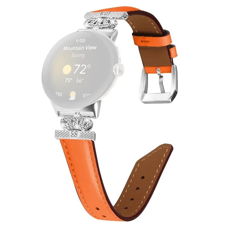 Silver Buckle Band for Google Pixel Watch / Pixel Watch 2 Crown Rhinestone Decor Genuine Cowhide Leather Wrist Strap