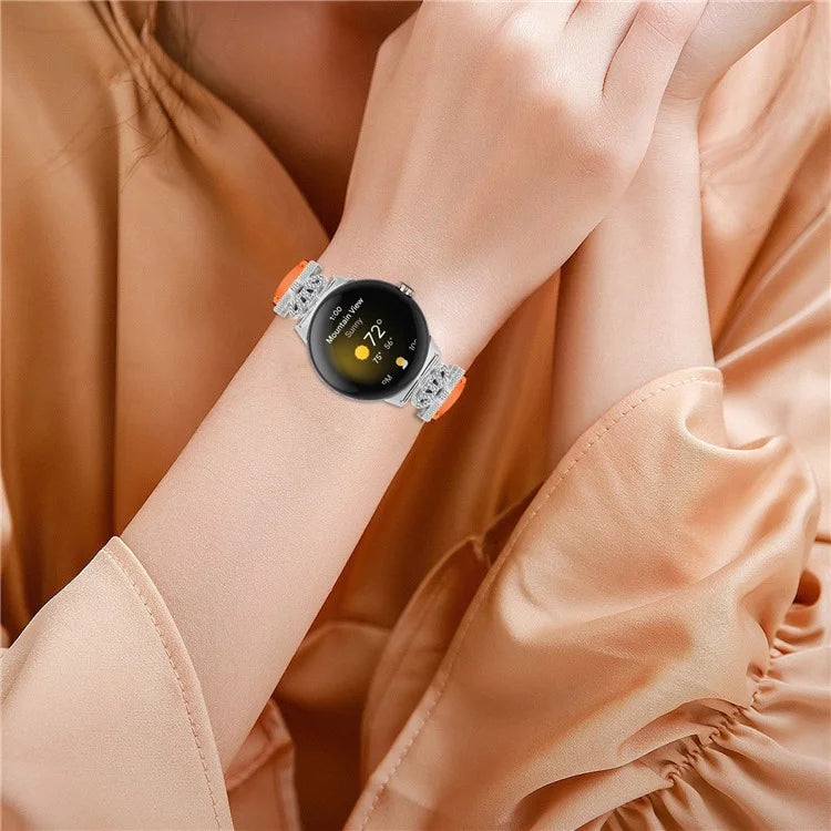 Silver Buckle Band for Google Pixel Watch / Pixel Watch 2 Crown Rhinestone Decor Genuine Cowhide Leather Wrist Strap