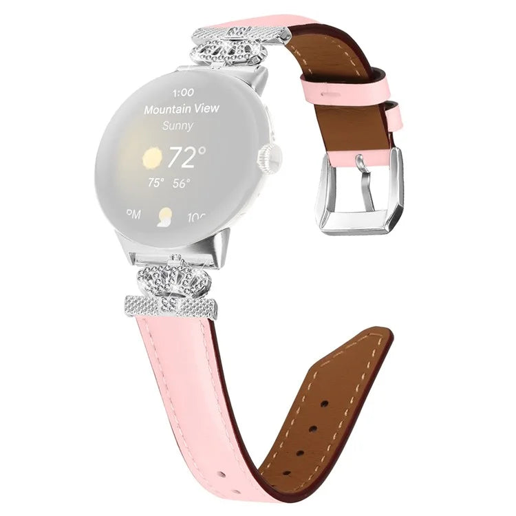 Silver Buckle Band for Google Pixel Watch / Pixel Watch 2 Crown Rhinestone Decor Genuine Cowhide Leather Wrist Strap