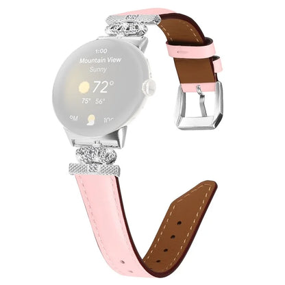 Silver Buckle Band for Google Pixel Watch / Pixel Watch 2 Crown Rhinestone Decor Genuine Cowhide Leather Wrist Strap