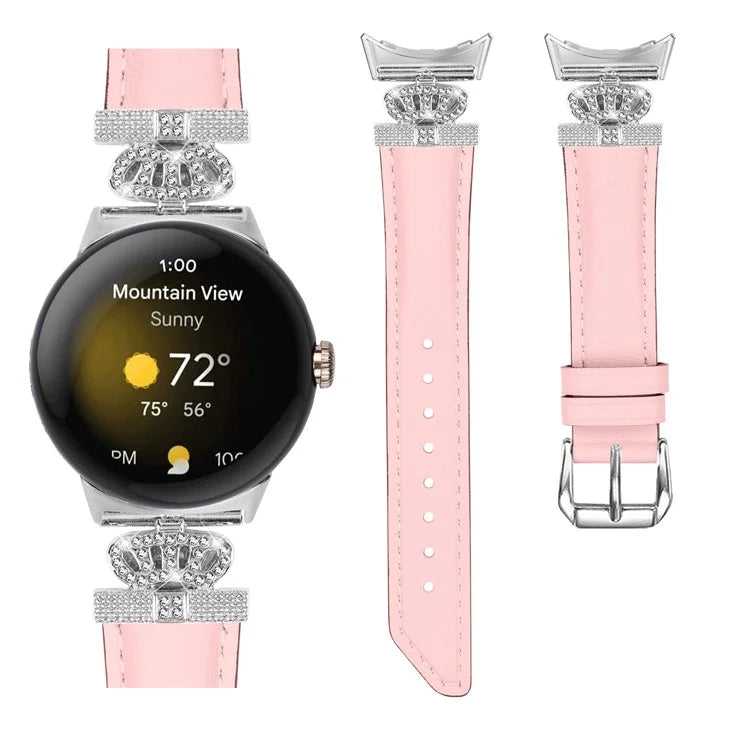 Silver Buckle Band for Google Pixel Watch / Pixel Watch 2 Crown Rhinestone Decor Genuine Cowhide Leather Wrist Strap