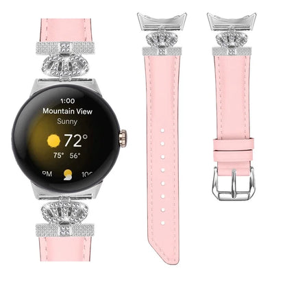 Silver Buckle Band for Google Pixel Watch / Pixel Watch 2 Crown Rhinestone Decor Genuine Cowhide Leather Wrist Strap