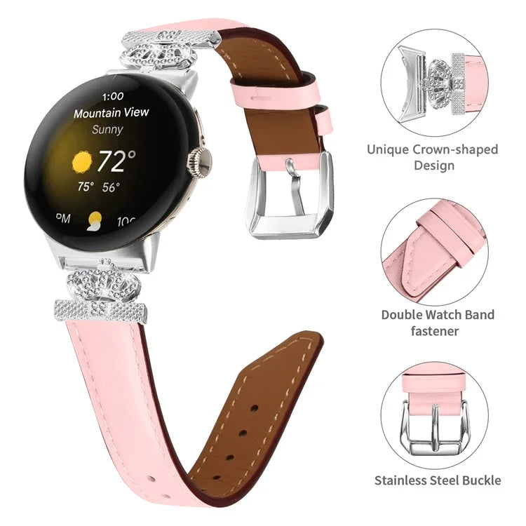 Silver Buckle Band for Google Pixel Watch / Pixel Watch 2 Crown Rhinestone Decor Genuine Cowhide Leather Wrist Strap