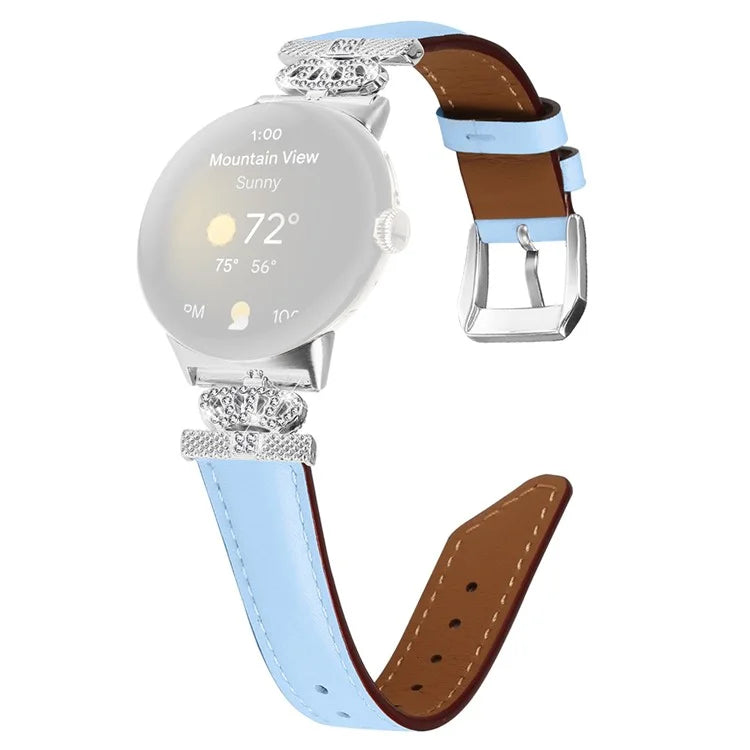 Silver Buckle Band for Google Pixel Watch / Pixel Watch 2 Crown Rhinestone Decor Genuine Cowhide Leather Wrist Strap