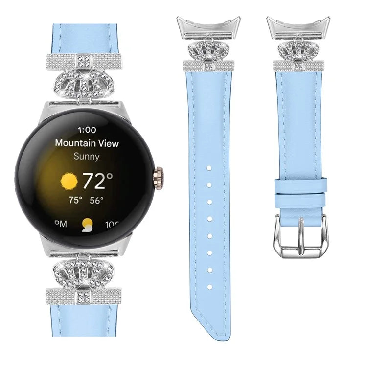 Silver Buckle Band for Google Pixel Watch / Pixel Watch 2 Crown Rhinestone Decor Genuine Cowhide Leather Wrist Strap