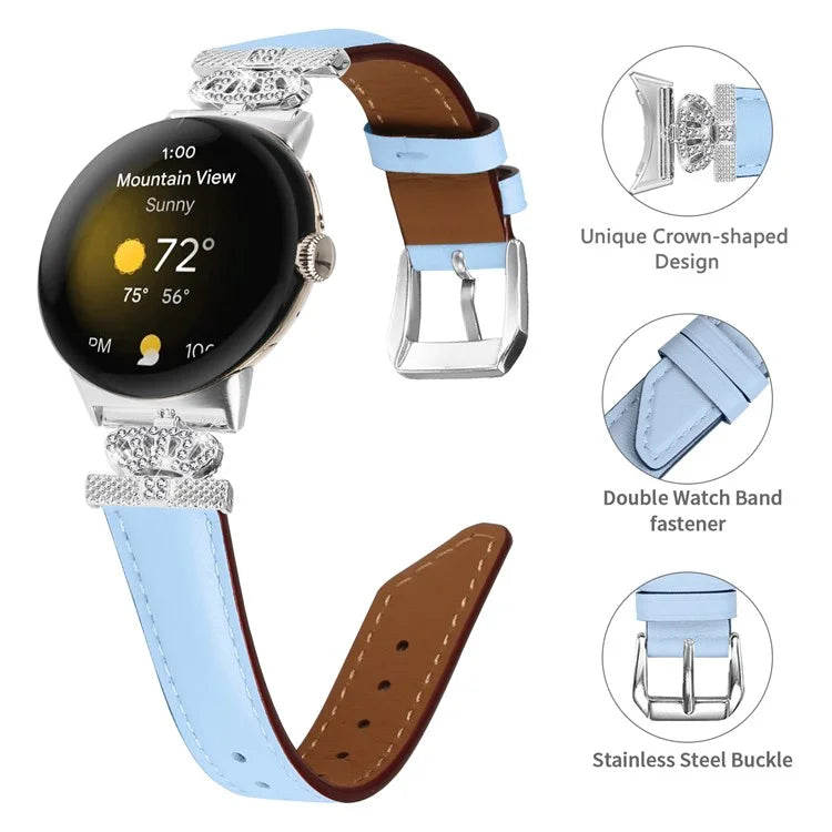 Silver Buckle Band for Google Pixel Watch / Pixel Watch 2 Crown Rhinestone Decor Genuine Cowhide Leather Wrist Strap