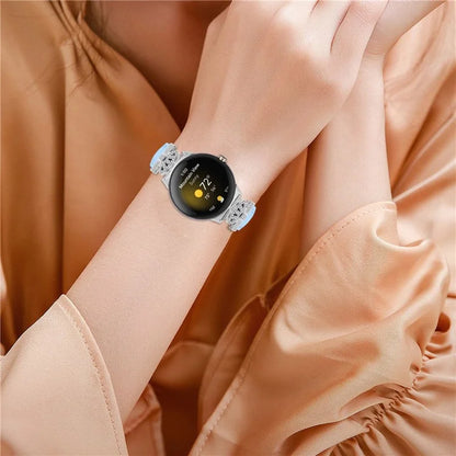 Silver Buckle Band for Google Pixel Watch / Pixel Watch 2 Crown Rhinestone Decor Genuine Cowhide Leather Wrist Strap