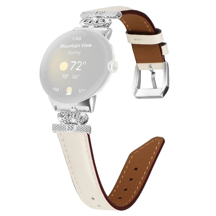 Silver Buckle Band for Google Pixel Watch / Pixel Watch 2 Crown Rhinestone Decor Genuine Cowhide Leather Wrist Strap
